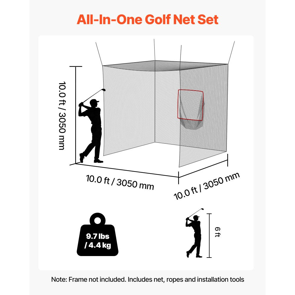 VEVOR Golf Batting Cage, 10 x 10 x 10 FT Golf Cage, Driving Hitting Cages with 3-Ply Knotless Polyester, Golfs Target & 9-Hole Baseball Target, Golfs Hitting Net for Indoor, Outdoor, Backyard