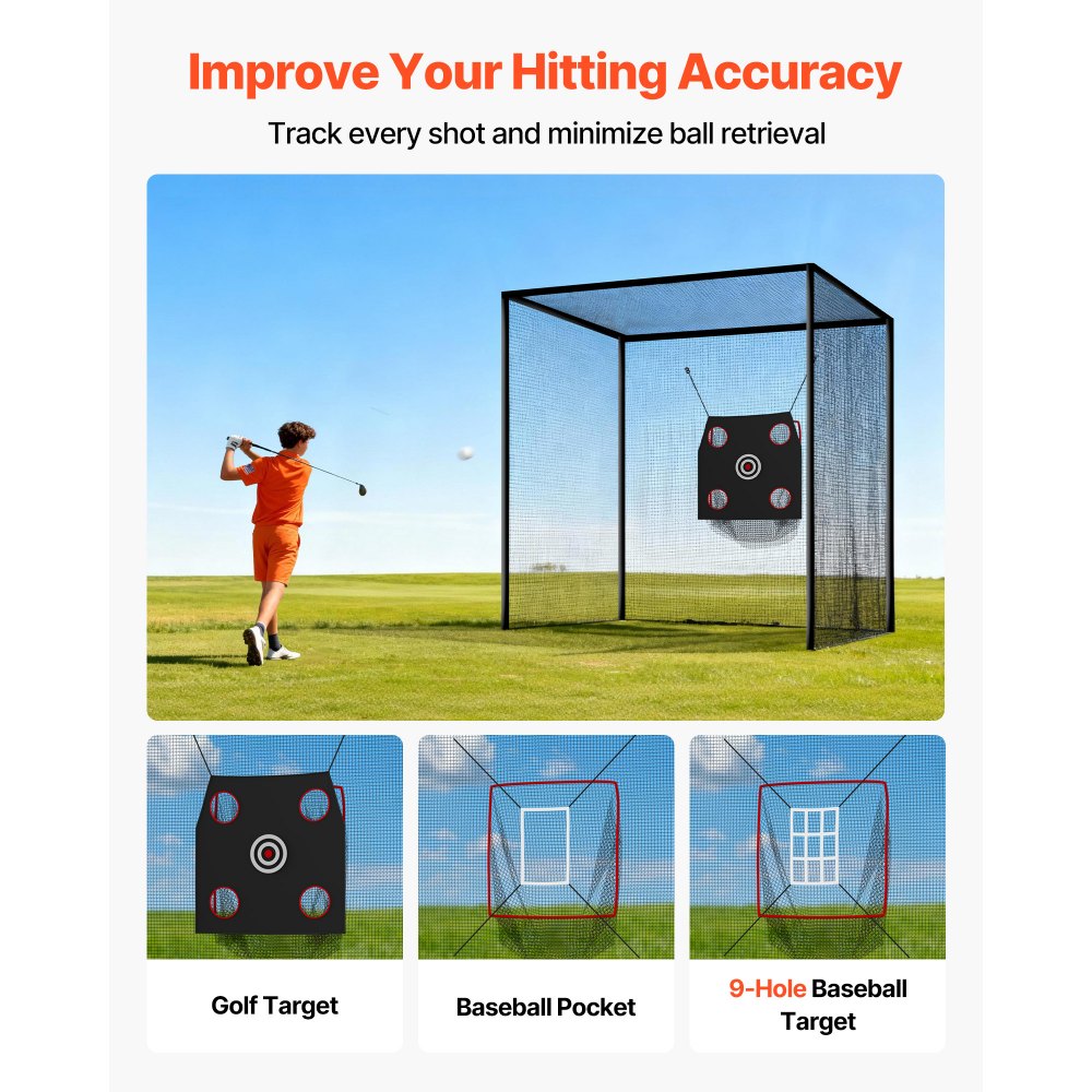 VEVOR Golf Batting Cage, 10 x 10 x 10 FT Golf Cage, Driving Hitting Cages with 3-Ply Knotless Polyester, Golfs Target & 9-Hole Baseball Target, Golfs Hitting Net for Indoor, Outdoor, Backyard