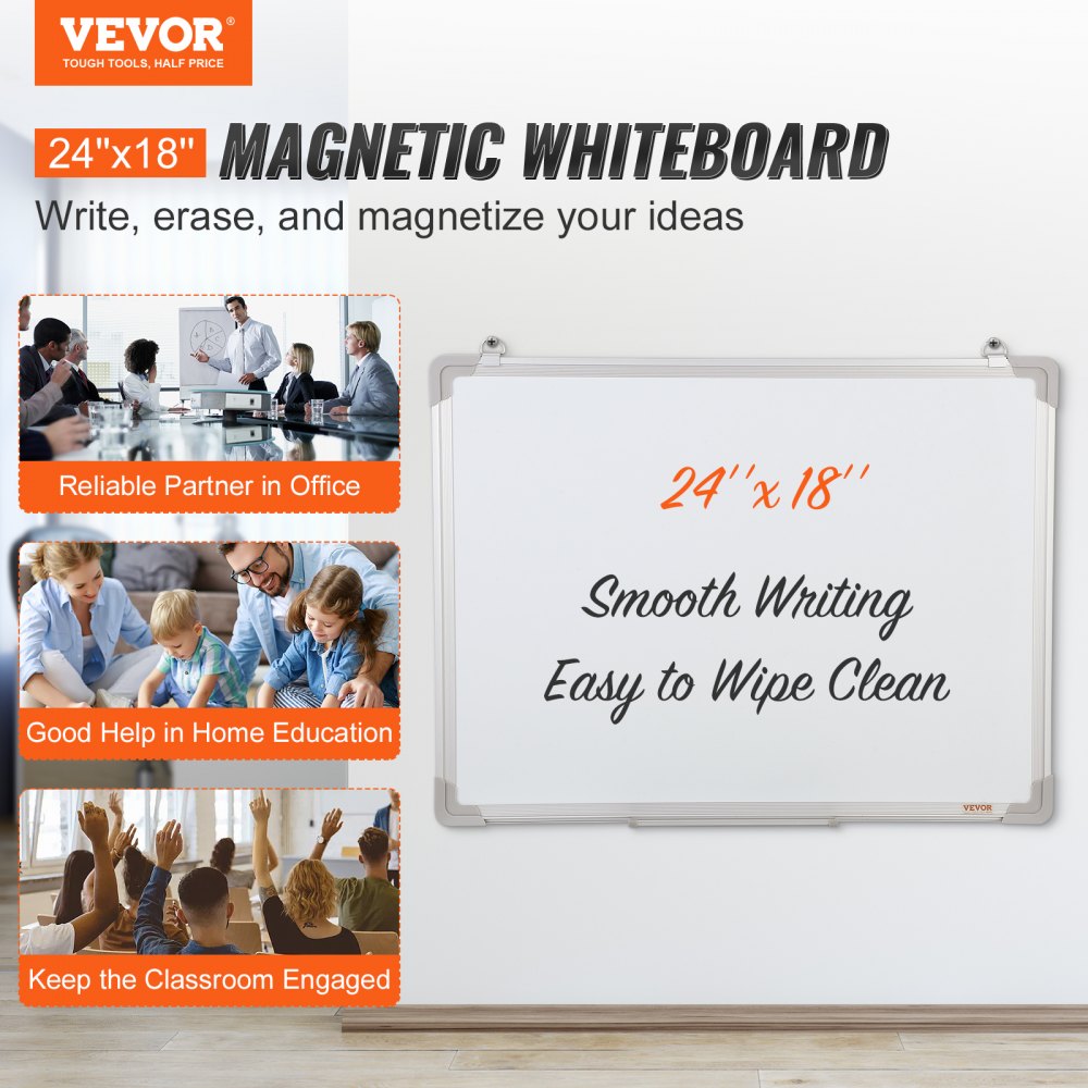 VEVOR Magnetic Whiteboard, 24 x 18 Inches, Dry Erase Board for Wall with Aluminum Frame, White Board Includes 1 Magnetic Erase & 2 Dry Erase Marker & Movable Tray for Office Home Restaurant and School