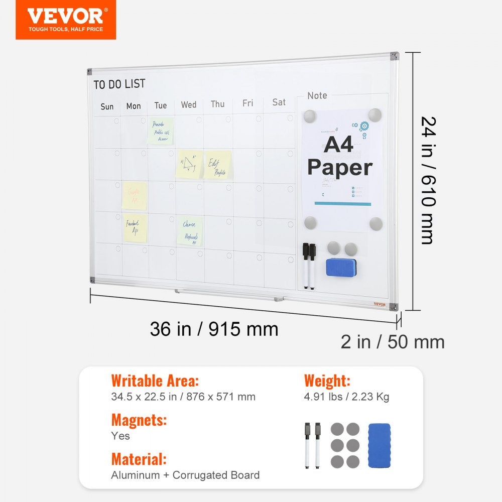 VEVOR Calendar Whiteboard, 36 x 24 Inches Magnetic Dry Erase Calendar Board, Monthly Planner Whiteboard for Wall, 1 Magnetic Erase & 2 Dry Erase Marker & Movable Tray for Restaurant Office Home School