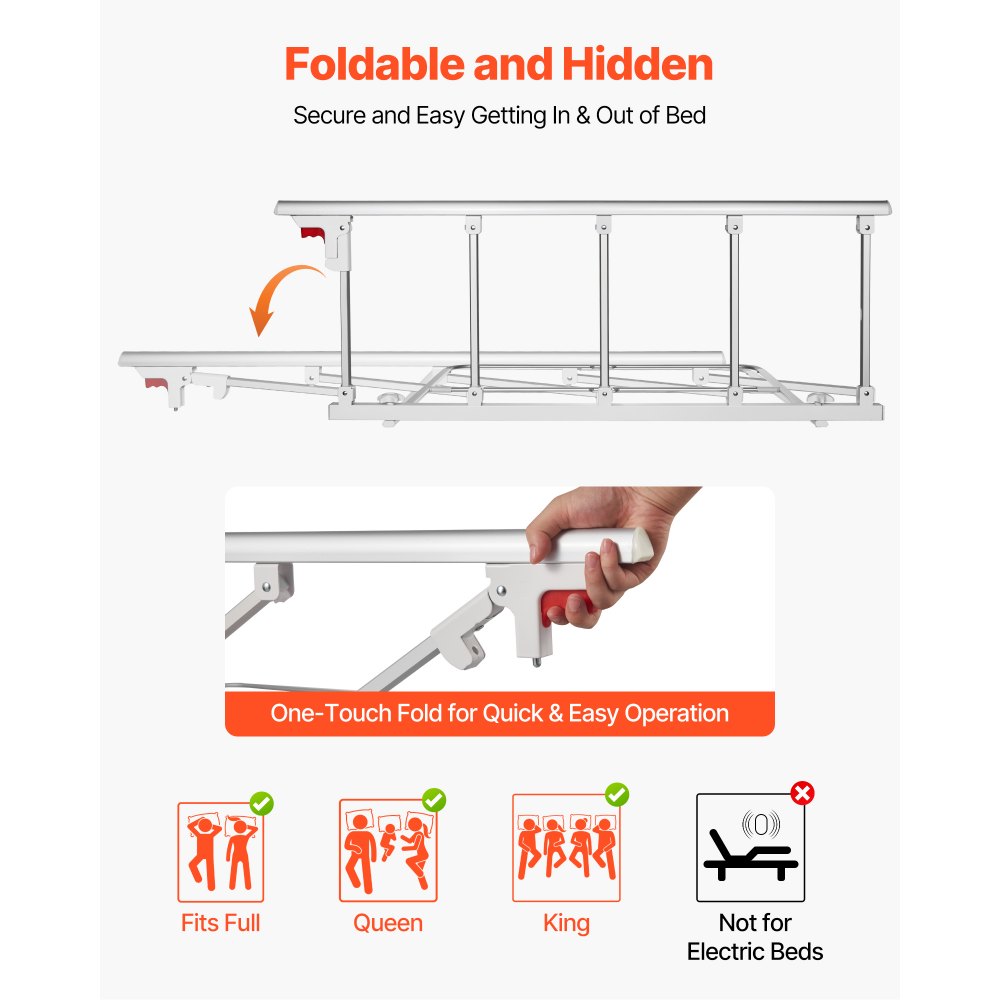 VEVOR Foldable Bed Rail for Elderly, 48 in Bedside Assist Rail with Fixing Strap, Adjustable Height Pipe Bedside Cane, High-Strength Metal Senior Bed Bar, Hand Guard Grab Fits King, Queen, Full, Twin