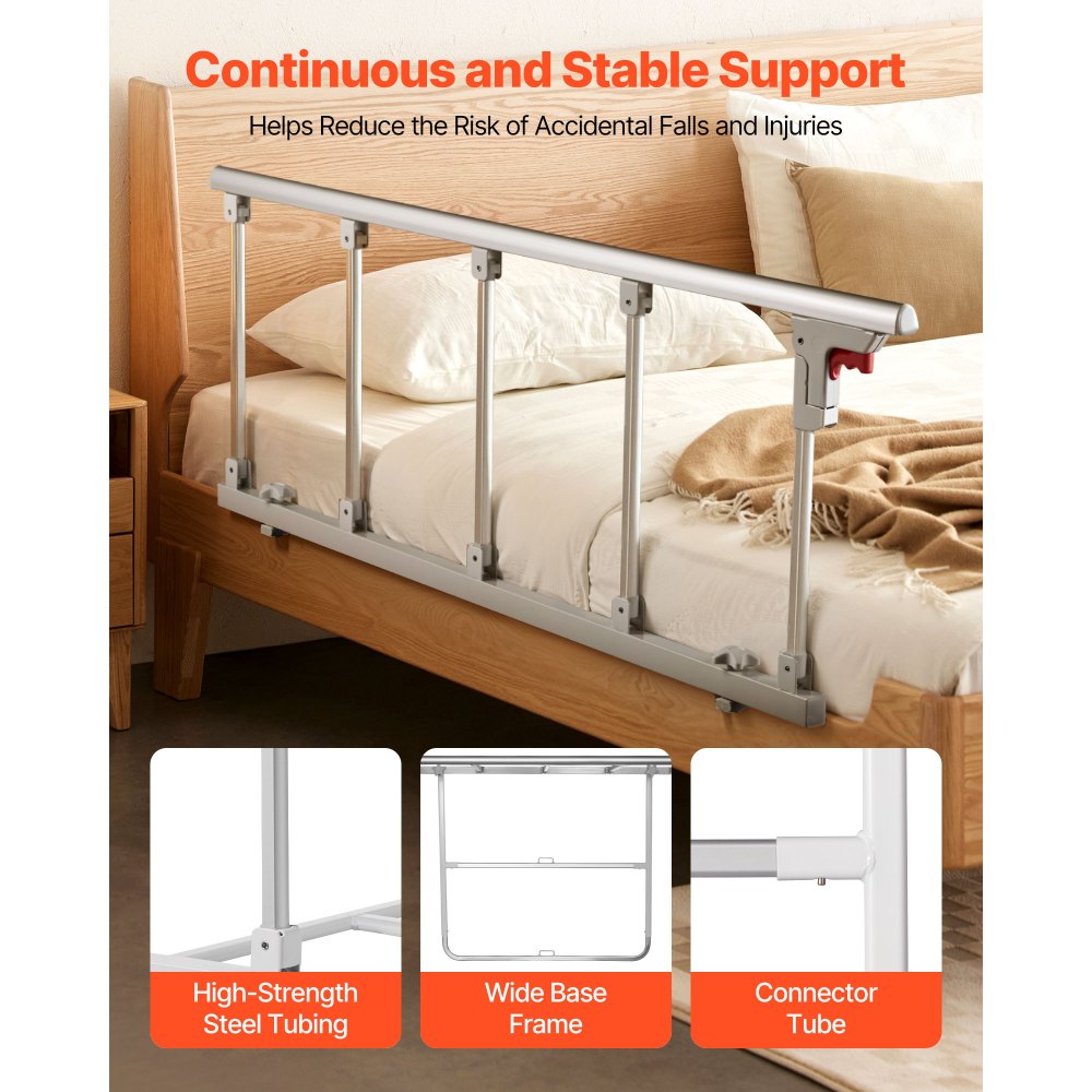 VEVOR Foldable Bed Rail for Elderly, 48 in Bedside Assist Rail with Fixing Strap, Adjustable Height Pipe Bedside Cane, High-Strength Metal Senior Bed Bar, Hand Guard Grab Fits King, Queen, Full, Twin