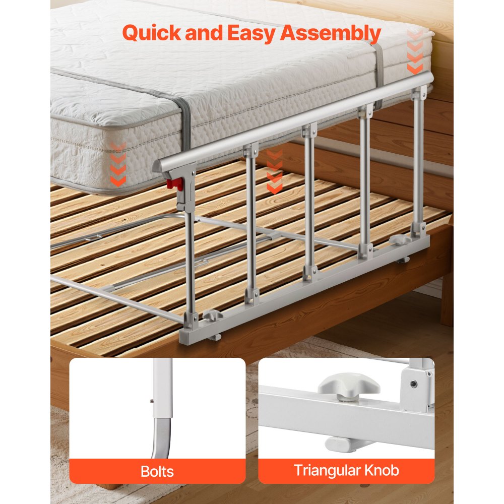 VEVOR Foldable Bed Rail for Elderly, 48 in Bedside Assist Rail with Fixing Strap, Adjustable Height Pipe Bedside Cane, High-Strength Metal Senior Bed Bar, Hand Guard Grab Fits King, Queen, Full, Twin