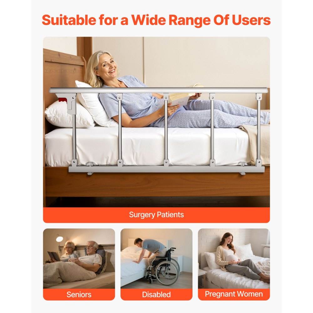 VEVOR Foldable Bed Rail for Elderly, 48 in Bedside Assist Rail with Fixing Strap, Adjustable Height Pipe Bedside Cane, High-Strength Metal Senior Bed Bar, Hand Guard Grab Fits King, Queen, Full, Twin