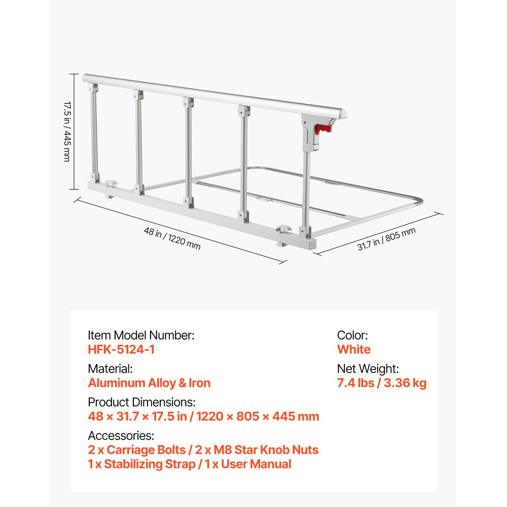 VEVOR Foldable Bed Rail for Elderly, 48 in Bedside Assist Rail with Fixing Strap, Adjustable Height Pipe Bedside Cane, High-Strength Metal Senior Bed Bar, Hand Guard Grab Fits King, Queen, Full, Twin