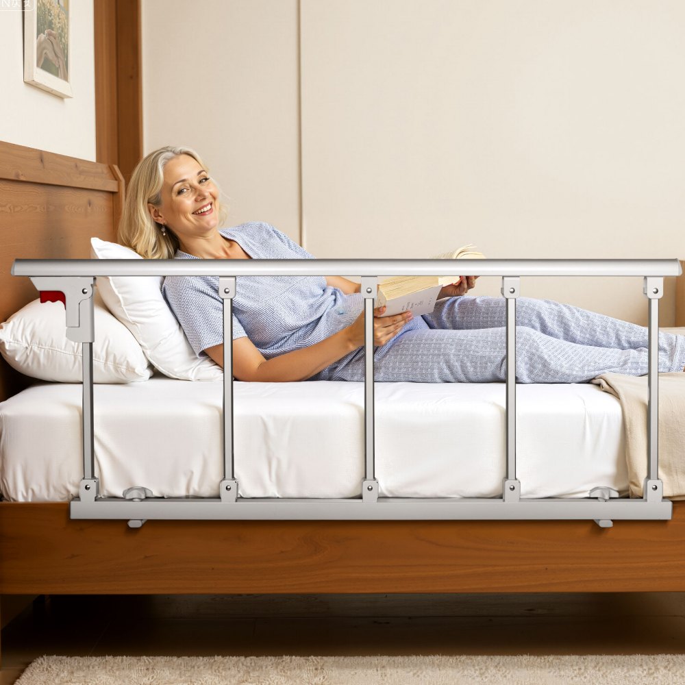 VEVOR Foldable Bed Rail for Elderly, 48 in Bedside Assist Rail with Fixing Strap, Adjustable Height Pipe Bedside Cane, High-Strength Metal Senior Bed Bar, Hand Guard Grab Fits King, Queen, Full, Twin