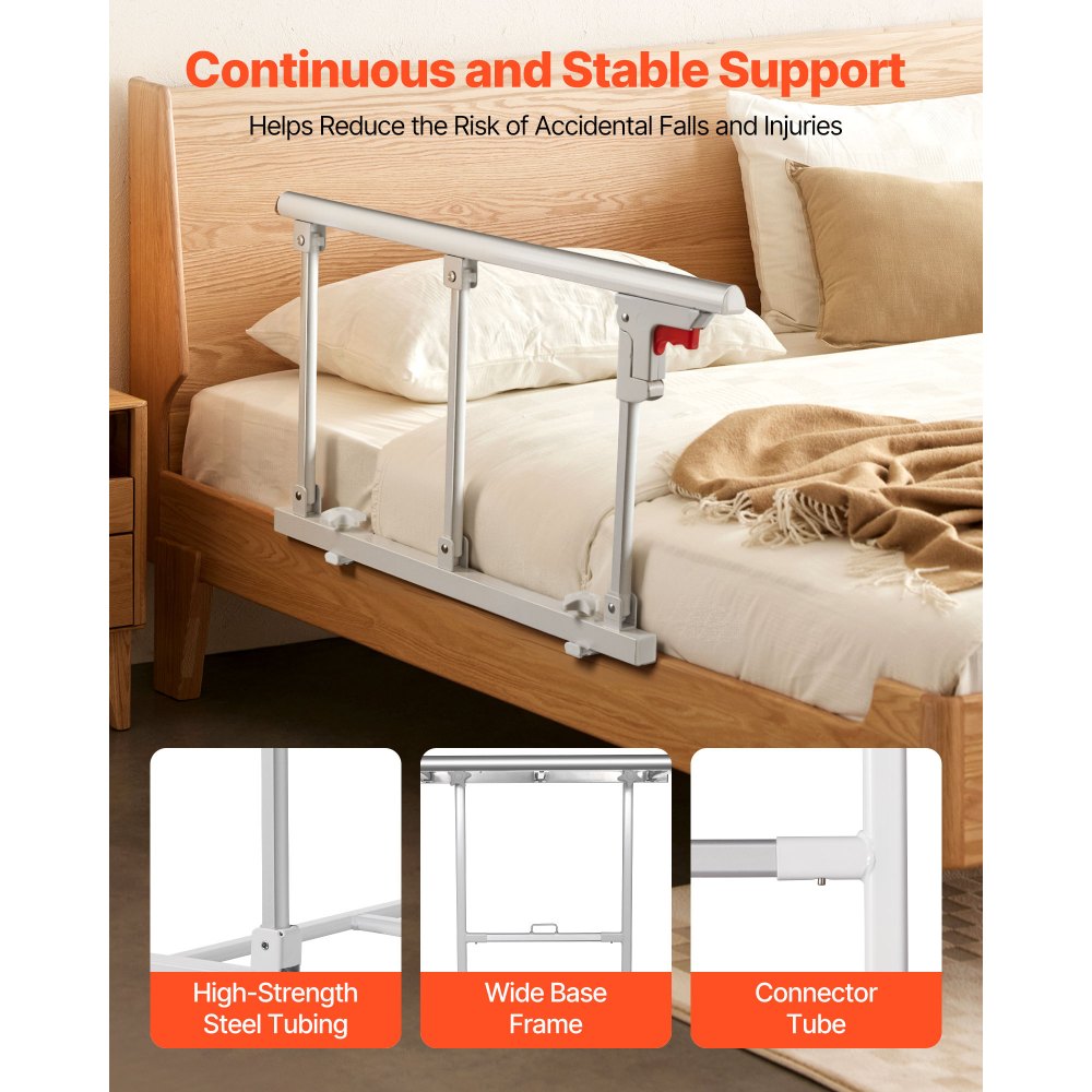 VEVOR Foldable Bed Rail for Elderly, 28 in Bedside Assist Rail with Fixing Strap, Adjustable Height Pipe Bedside Cane, High-Strength Metal Senior Bed Bar, Hand Guard Grab Fits King, Queen, Full, Twin