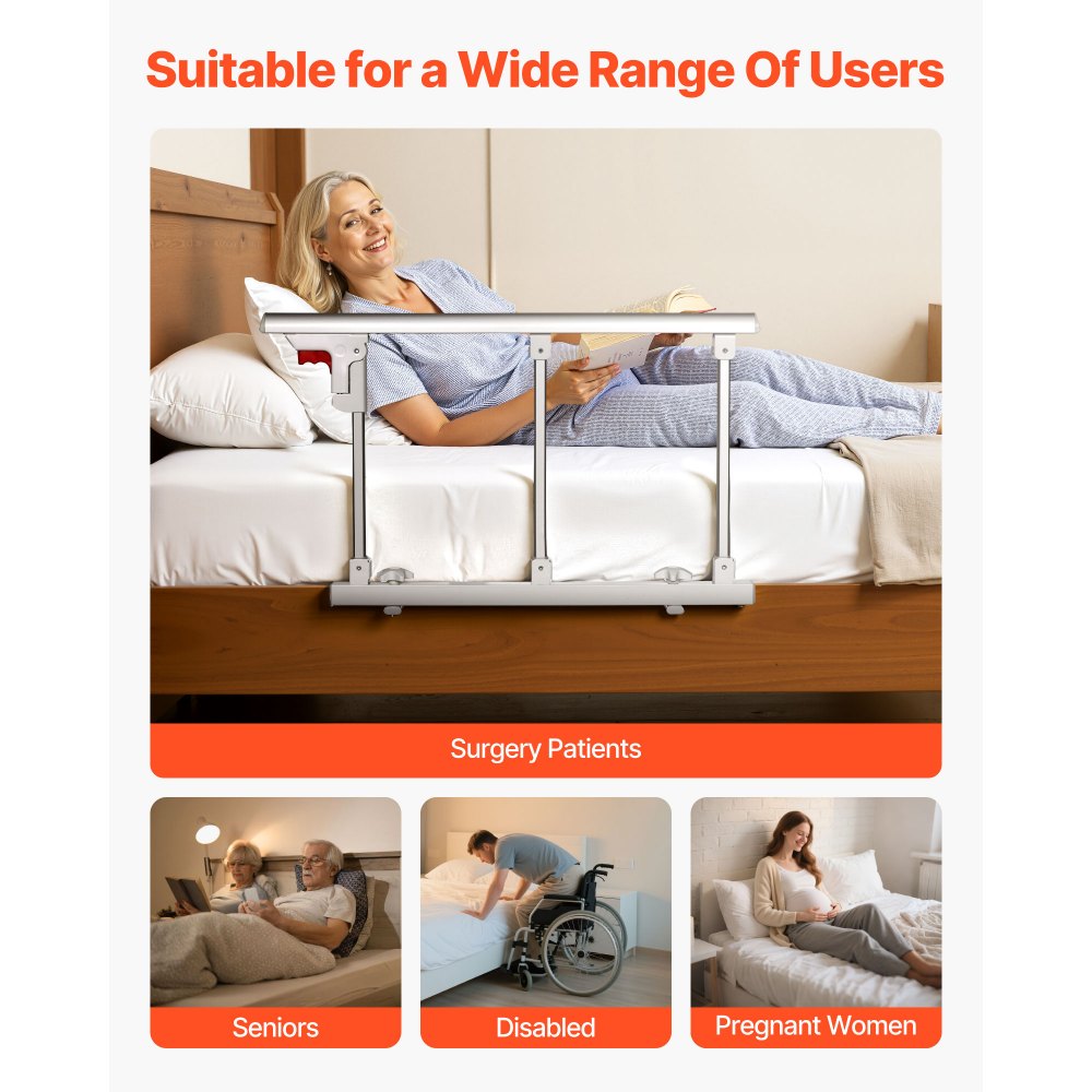 VEVOR Foldable Bed Rail for Elderly, 28 in Bedside Assist Rail with Fixing Strap, Adjustable Height Pipe Bedside Cane, High-Strength Metal Senior Bed Bar, Hand Guard Grab Fits King, Queen, Full, Twin