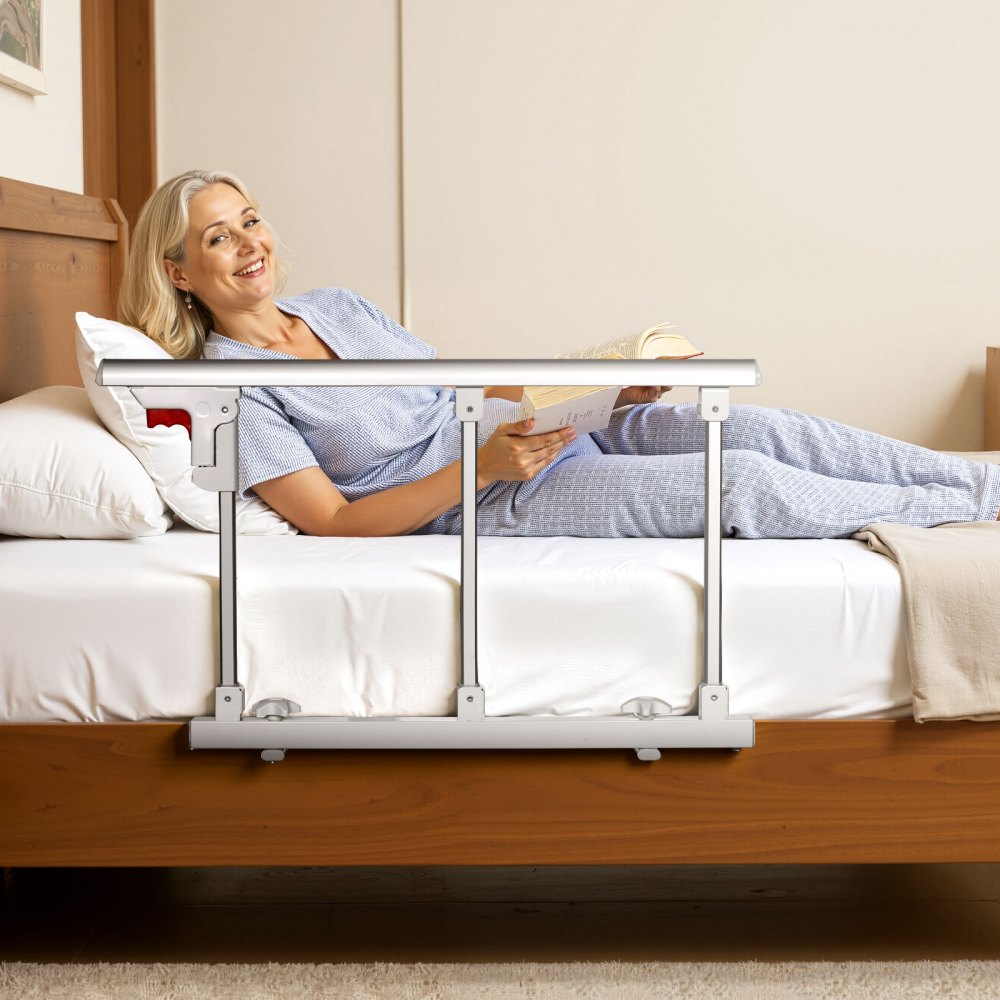 VEVOR Foldable Bed Rail for Elderly, 28 in Bedside Assist Rail with Fixing Strap, Adjustable Height Pipe Bedside Cane, High-Strength Metal Senior Bed Bar, Hand Guard Grab Fits King, Queen, Full, Twin