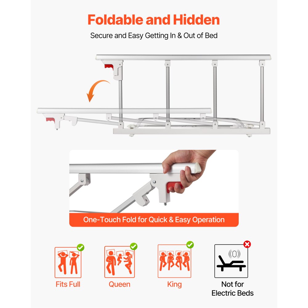 VEVOR Foldable Bed Rail for Elderly, 38 in Bedside Assist Rail with Fixing Strap, Adjustable Height Pipe Bedside Cane, High-Strength Metal Senior Bed Bar, Hand Guard Grab Fits King, Queen, Full, Twin