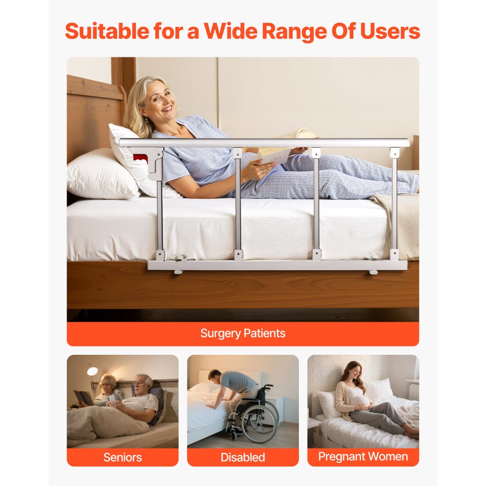 VEVOR Foldable Bed Rail for Elderly, 38 in Bedside Assist Rail with Fixing Strap, Adjustable Height Pipe Bedside Cane, High-Strength Metal Senior Bed Bar, Hand Guard Grab Fits King, Queen, Full, Twin