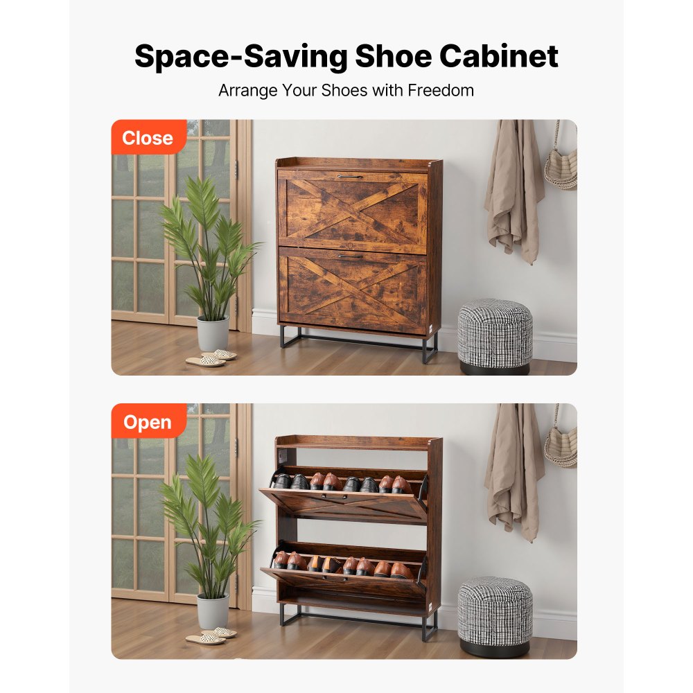 VEVOR Shoe Cabinet with 2 Flip Drawers, Farmhouse Shoes Storage Cabinet with Metal Legs and Anti-Tipping Device, Freestanding Shoe Organizer Ideal for Entryway, Hallway, Bedroom, Living Room, Brown