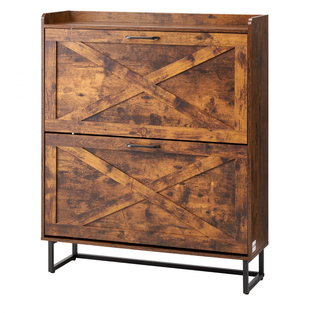 VEVOR Shoe Cabinet with 2 Flip Drawers, Farmhouse Shoes Storage Cabinet with Metal Legs and Anti-Tipping Device, Freestanding Shoe Organizer Ideal for Entryway, Hallway, Bedroom, Living Room, Brown