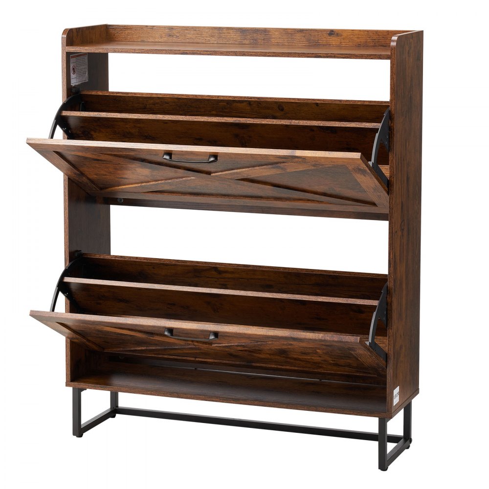VEVOR Shoe Cabinet with 2 Flip Drawers, Farmhouse Shoes Storage Cabinet with Metal Legs and Anti-Tipping Device, Freestanding Shoe Organizer Ideal for Entryway, Hallway, Bedroom, Living Room, Brown