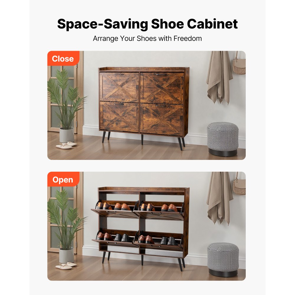 VEVOR Shoe Cabinet with 4 Flip Drawers, Farmhouse Shoes Storage Cabinet with Wood Legs and Anti-Tipping Device, Freestanding Shoe Organizer Ideal for Entryway, Hallway, Bedroom, Living Room, Brown