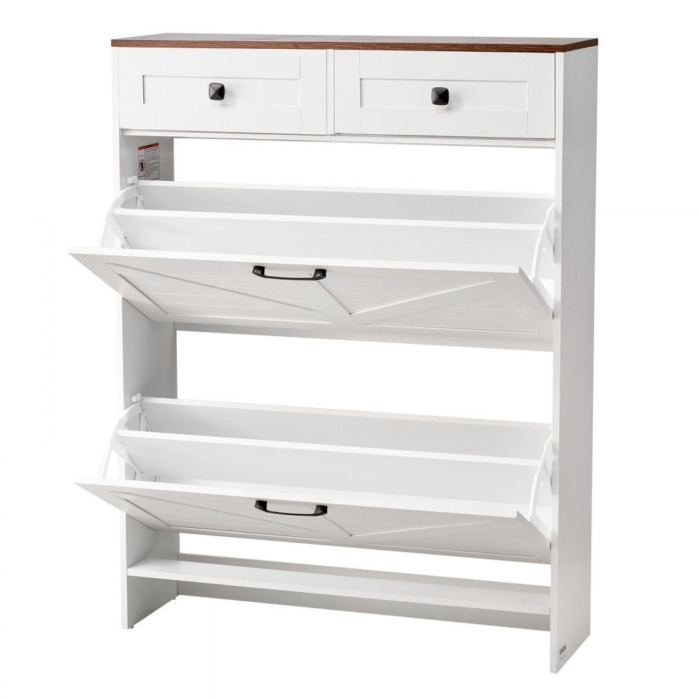 VEVOR Shoe Cabinet with 2 Flip Drawers, Farmhouse Shoes Storage Cabinet with 2 Drawers and Anti-Tipping Device, Freestanding Shoe Organizer Ideal for Entryway, Hallway, Bedroom, Living Room, White