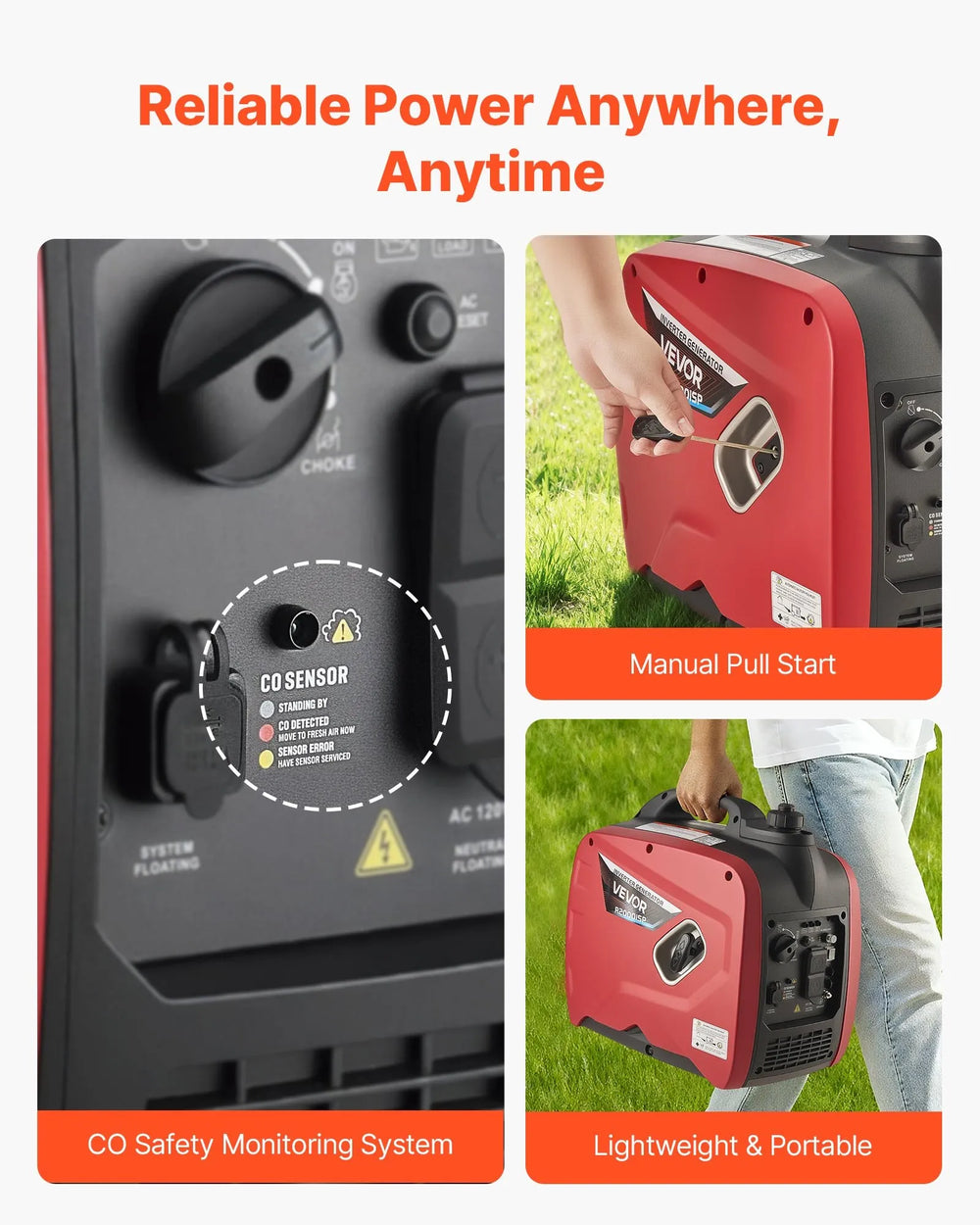 VEVOR Inverter Generator R2000iSP - reliable power anywhere with CO safety monitoring, manual pull start, portable design