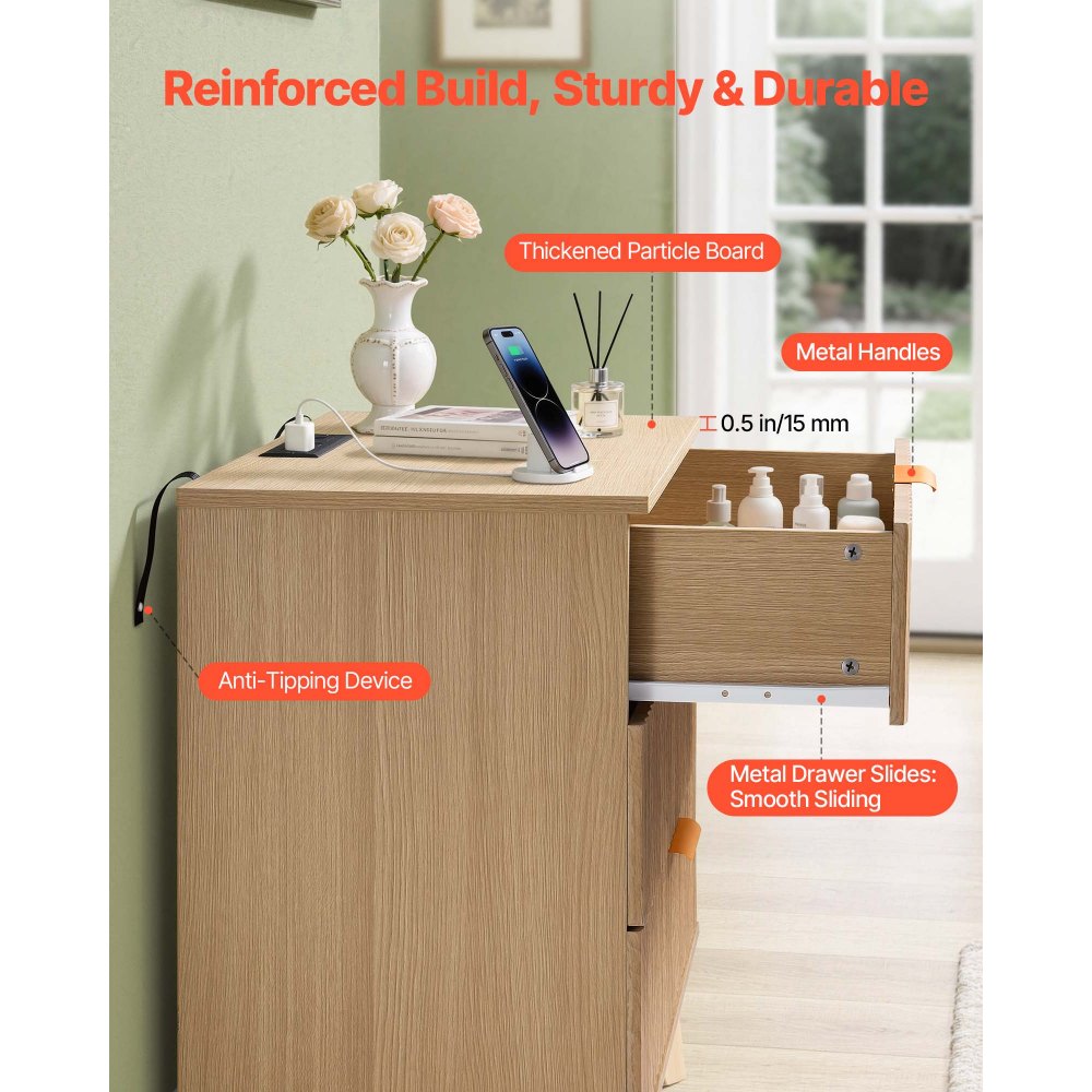 VEVOR Fluted Nightstand with Charging Station, with 3 Drawers, Dresser for Bedroom, Mid Century Modern End Table, Bedside Storage Cabinet Side Table Chest of Dresser, for Bedroom, Living Room, Khaki
