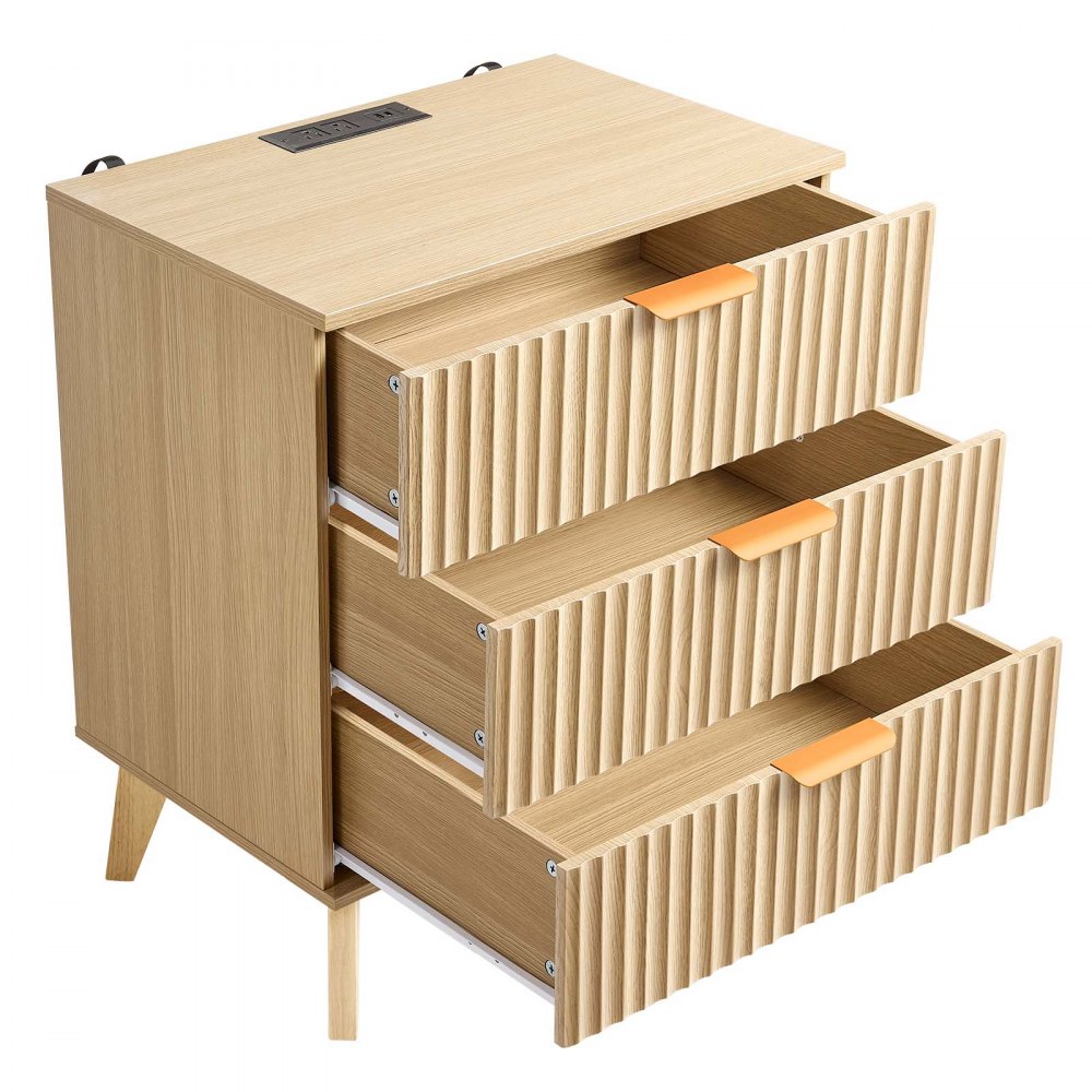 VEVOR Fluted Nightstand with Charging Station, with 3 Drawers, Dresser for Bedroom, Mid Century Modern End Table, Bedside Storage Cabinet Side Table Chest of Dresser, for Bedroom, Living Room, Khaki
