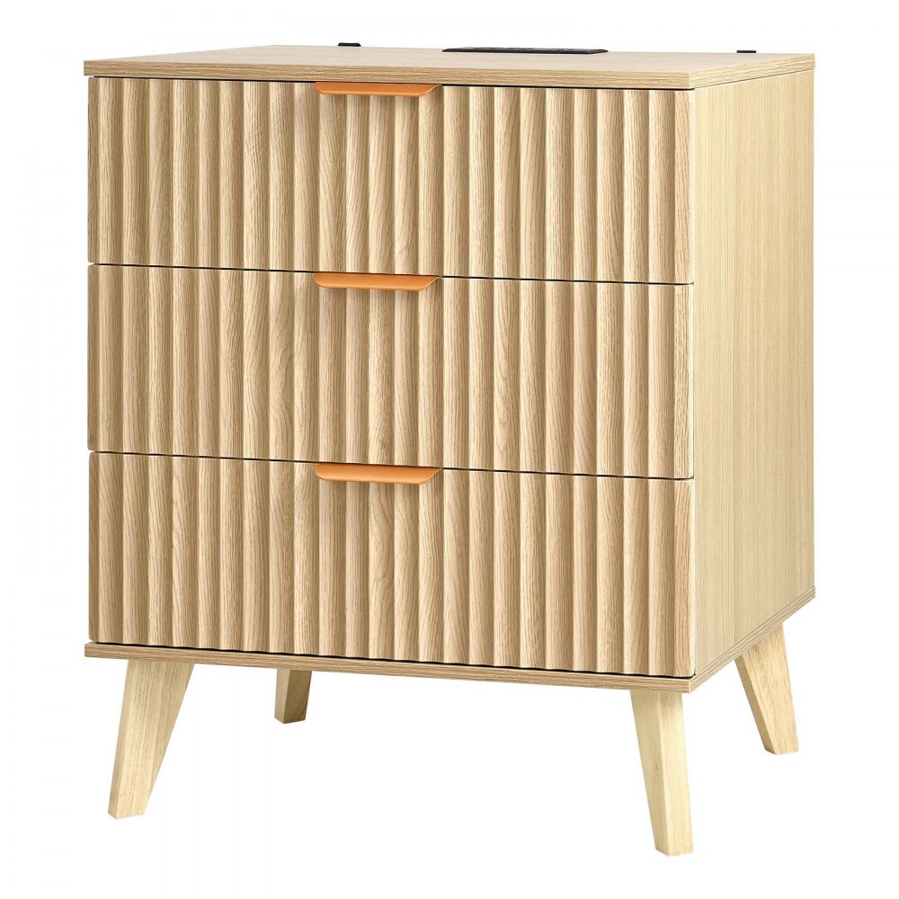 VEVOR Fluted Nightstand with Charging Station, with 3 Drawers, Dresser for Bedroom, Mid Century Modern End Table, Bedside Storage Cabinet Side Table Chest of Dresser, for Bedroom, Living Room, Khaki