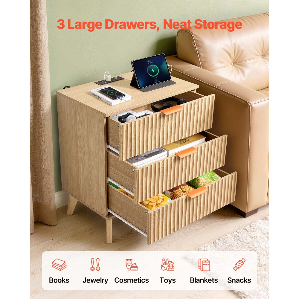 VEVOR Fluted Nightstands with Charging Station, Set of 2, Dresser for Bedroom with 3 Drawers, Mid Century Modern End Table, Bedside Cabinet Side Table Chest of Dresser, for Bedroom, Living Room, Khaki