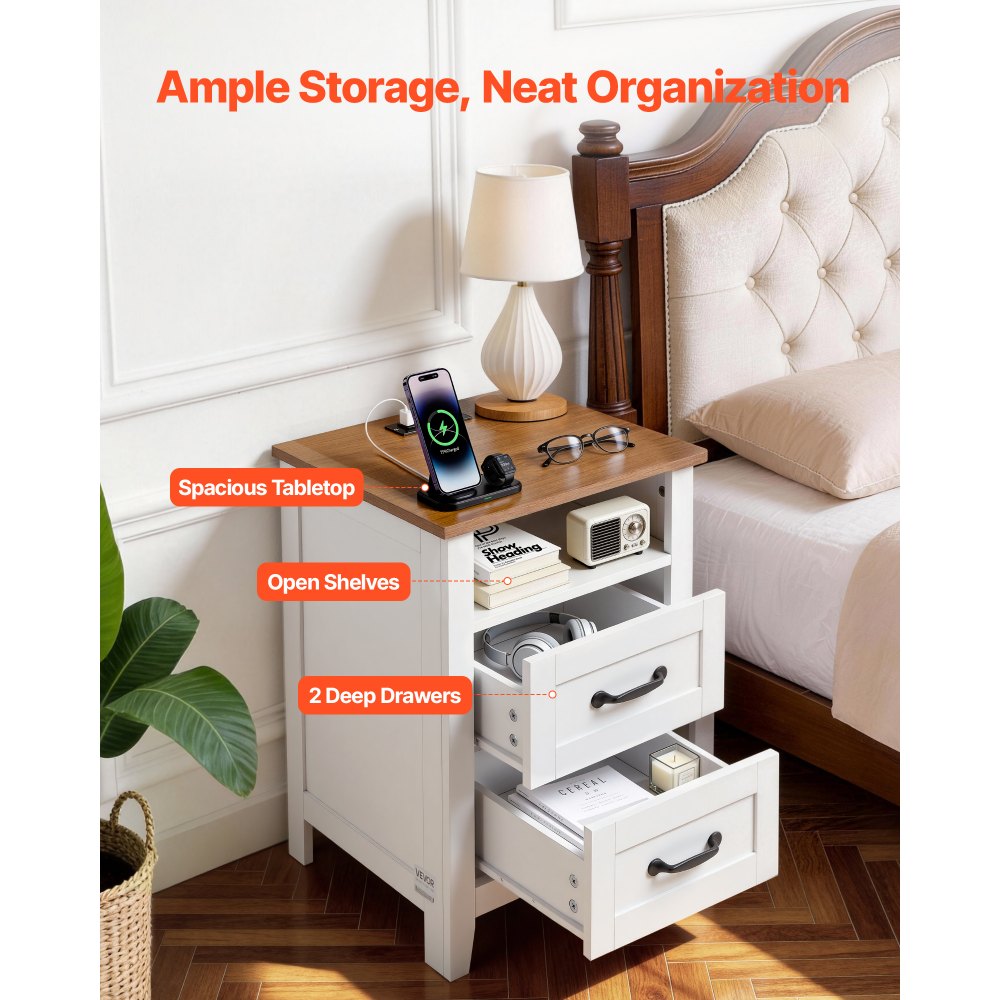 VEVOR Farmhouse Nightstands, with Charging Station, Set of 2, End Tables with 2 Drawers and Open Shelf, Bedside Storage Cabinets, Rustic Side Tables with USB Port, for Bedroom, Living Room, White