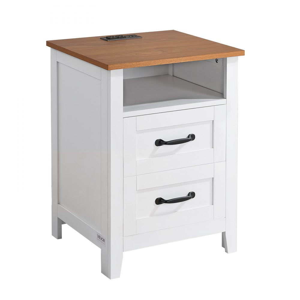 VEVOR Farmhouse Nightstand, with Charging Station, End Table with 2 Drawers and Open Shelf, Bedside Storage Cabinet, Rustic Side Table with USB Port and AC Outlets, for Bedroom, Living Room, White