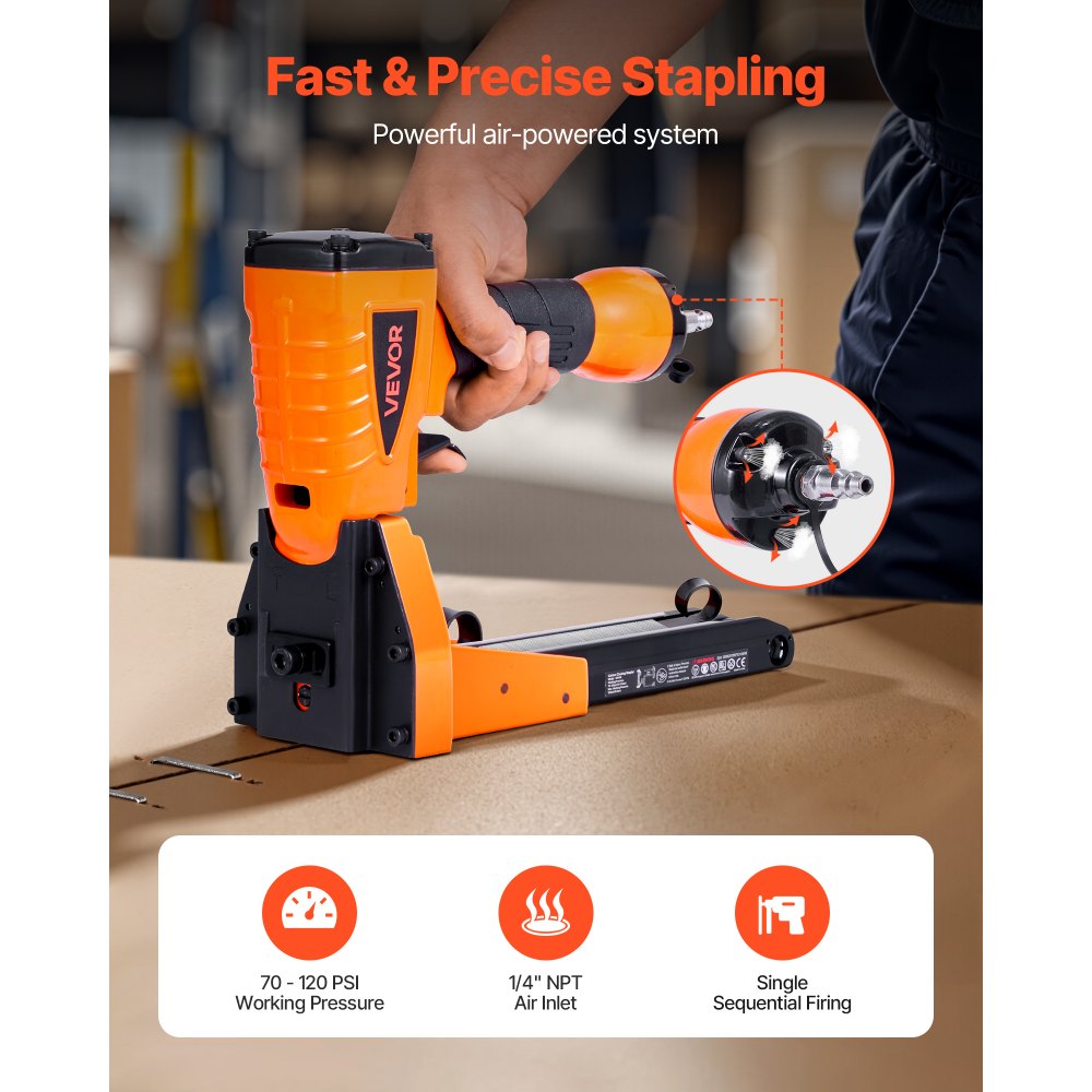 VEVOR Pneumatic Carton Closing Stapler, 13 Gauge Pneumatic Cardboard Staple Gun for 1-3/8 inch Crown 5/8" & 3/4" Length, Depth-Adjustable 70-120 PSI Air Staple Gun for Boxes Carton Closing, Packaging