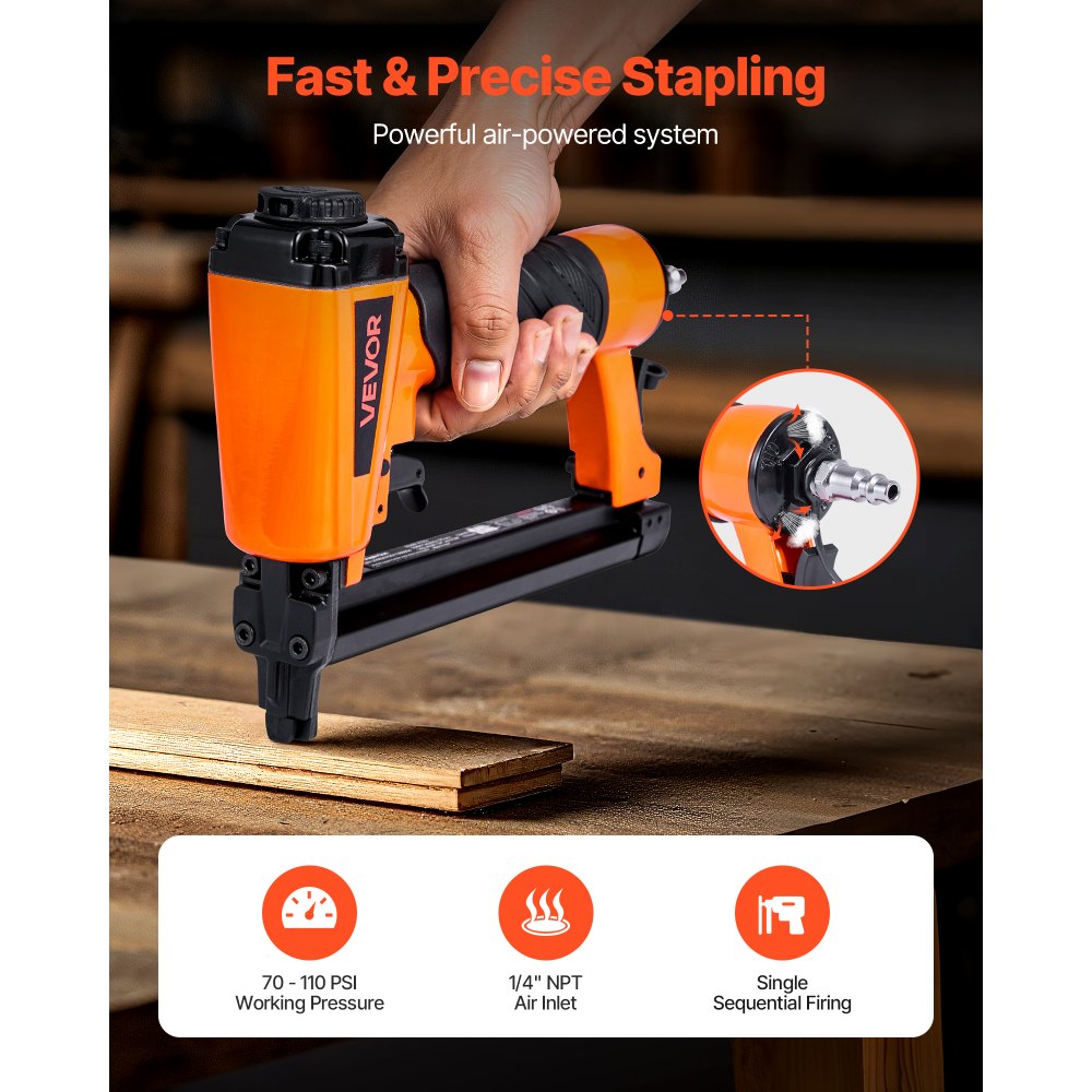 VEVOR Pneumatic Staple Gun, 20 Gauge T50 Pneumatic Upholstery Stapler for 7/16" Crown 5/32"-5/8" Length Staples, 70-110 PSI Air Staple Gun for Woodworking, Upholstering, Fabric, Crafts, DIY Projects