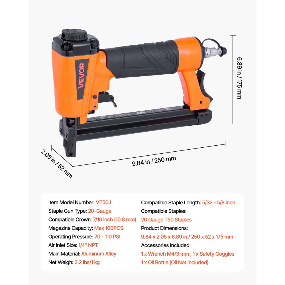VEVOR Pneumatic Staple Gun, 20 Gauge T50 Pneumatic Upholstery Stapler for 7/16" Crown 5/32"-5/8" Length Staples, 70-110 PSI Air Staple Gun for Woodworking, Upholstering, Fabric, Crafts, DIY Projects