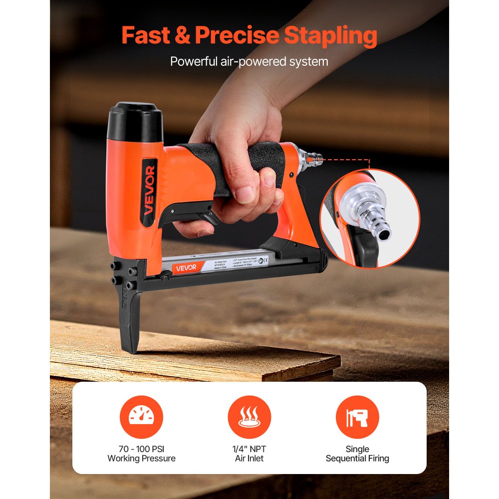 VEVOR Pneumatic Staple Gun, 20 Gauge Long-Nose Upholstery Stapler for 50 Series Fine Wire Staples 1/2-inch Crown 1/4"-5/8" Length, Max 110PCS Loading Air Staple Gun for Upholstering, Woodworking, DIY