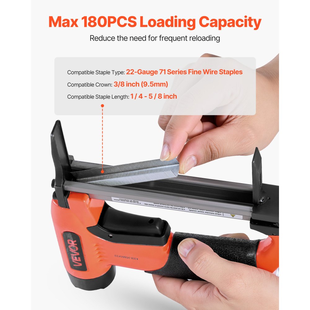 VEVOR Pneumatic Staple Gun, 22 Gauge Long-Nose Upholstery Stapler for 71 Series Fine Wire Staples 3/8-inch Crown 1/4"-5/8" Length, Max 180PCS Loading Air Staple Gun for Upholstering, Woodworking, DIY