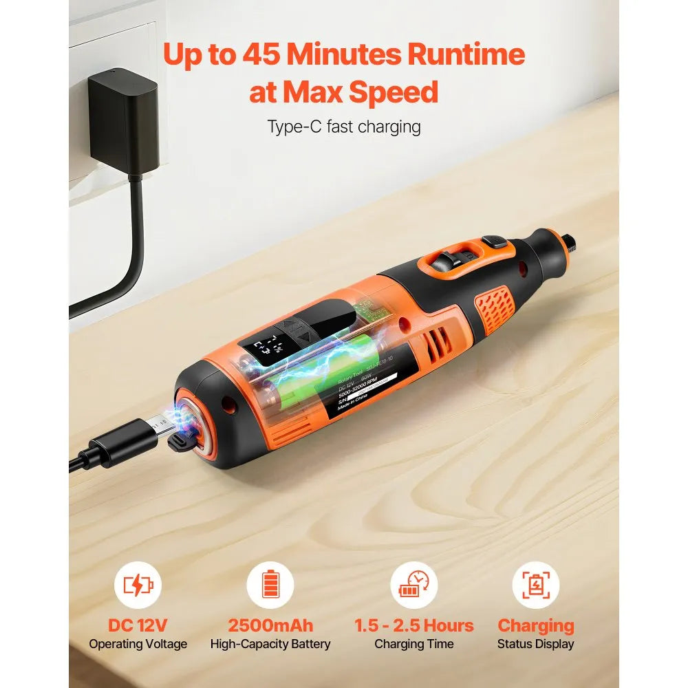 VEVOR 119-Piece Cordless Rotary Tool Kit, DC12V Portable Mini Power Rotary Tool, 28-Level Speed 5000-32000 RPM Multi-Purpose DIY Tools for Engraving, Sanding, Polishing, Carving, Cutting, DIY Crafts