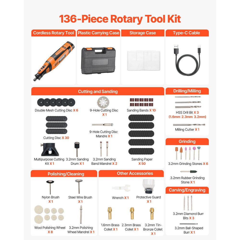 VEVOR 136-Piece Cordless Rotary Tool Kit, DC8V Portable Mini Power Rotary Tool, 5 Speeds 5000-30000RPM Multi-Purpose DIY Tools for Engraving, Sanding, Polishing, Carving, Grinding, Cutting, DIY Craft