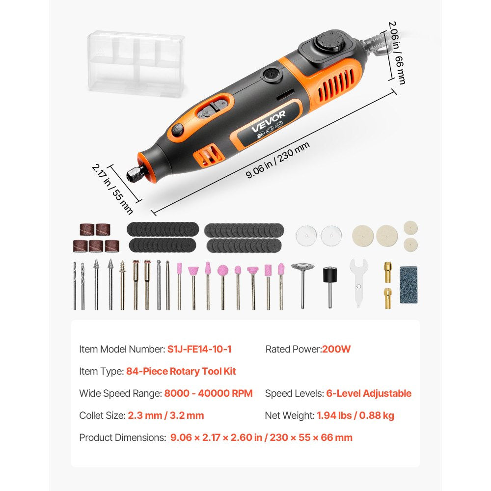 VEVOR 84-Piece Rotary Tool Kit, 200W Mini Power Rotary Tool Corded , 6-Level Speed 8000-40000 RPM Multi-Purpose DIY Tools for Engraving, Sanding, Polishing, Carving, Grinding, Cutting, DIY Crafts