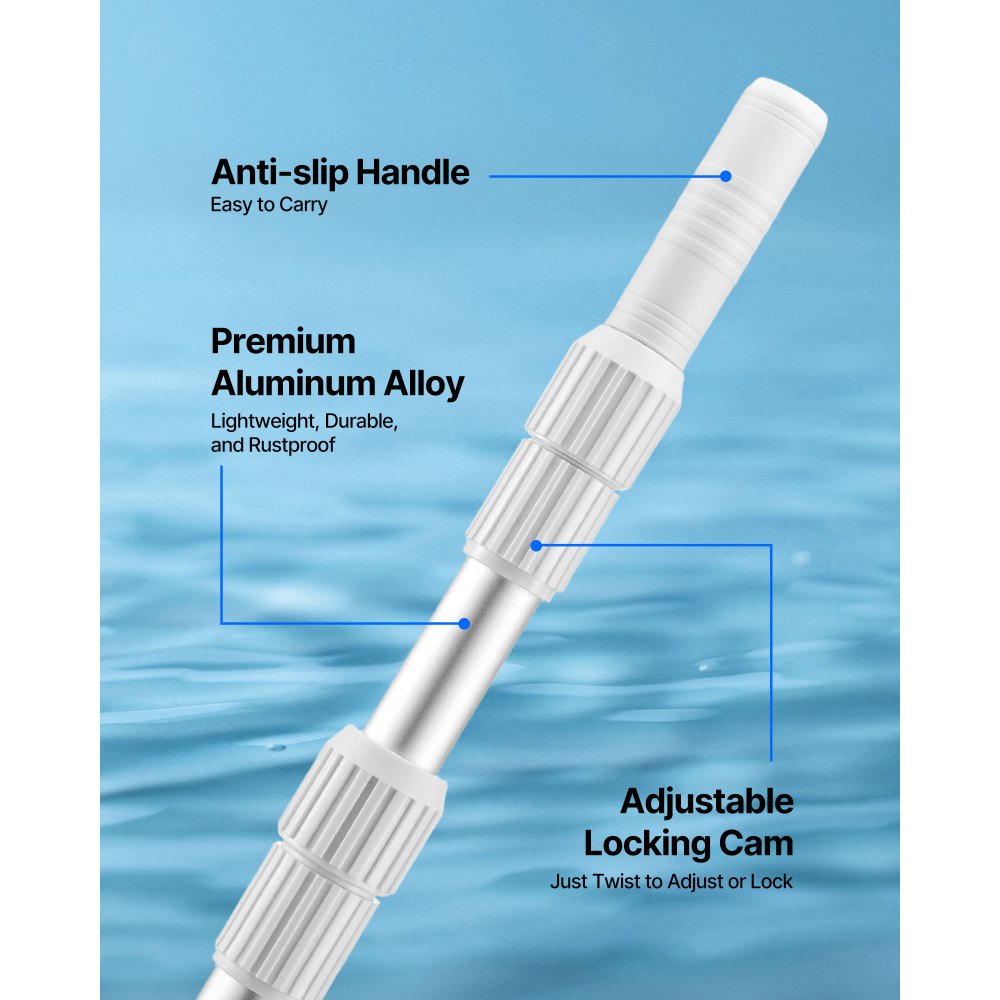 VEVOR Pool Pole, 3.4 to 15 Ft Telescoping Swimming Pool Cleaning Poles, Professional Adjustable Telescopic Pole with 2 Extension Poles, Heavy Duty Cleaner Stick for Skimmer Net, Brush, Vacuum Head