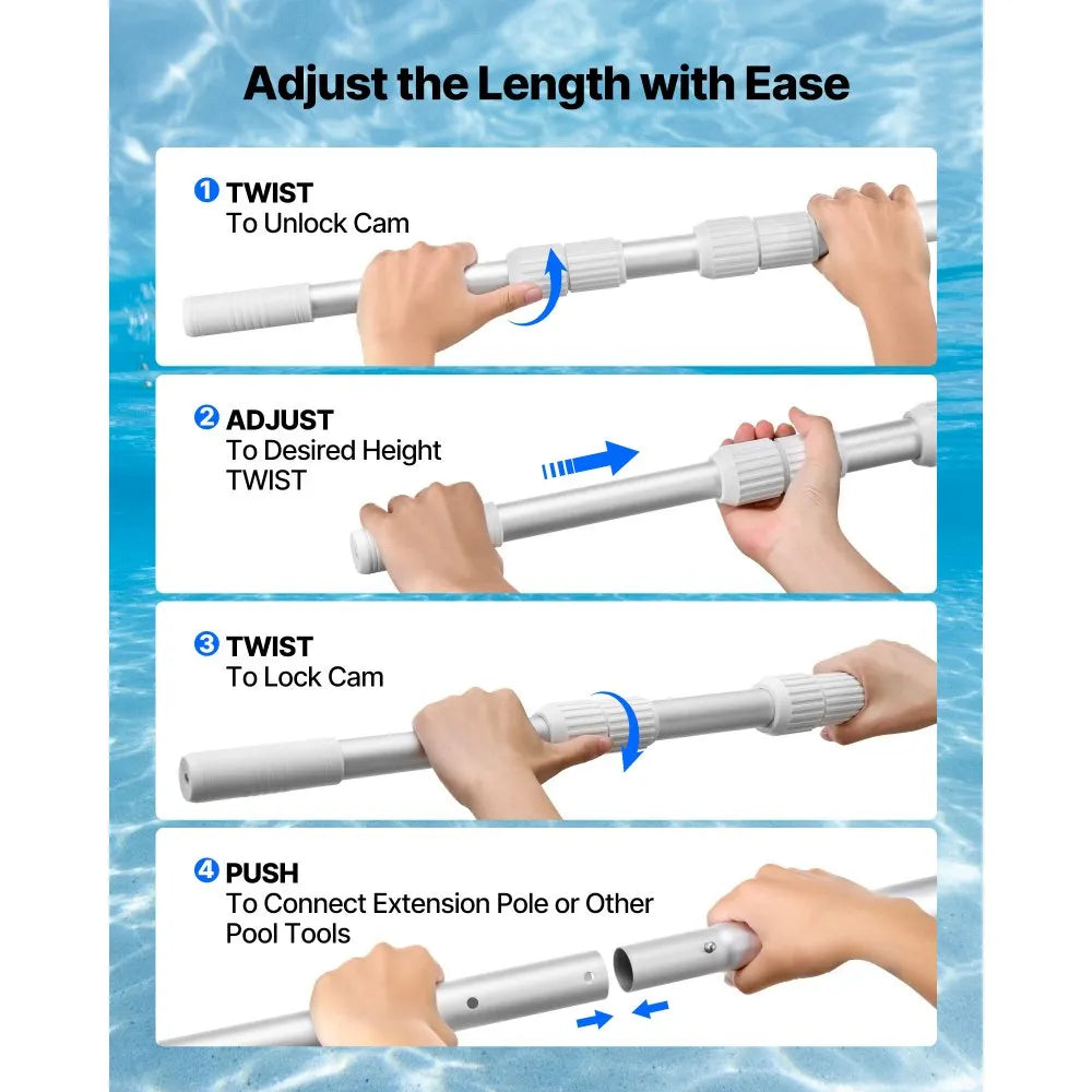 VEVOR Pool Pole, 3.4 to 15 Ft Telescoping Swimming Pool Cleaning Poles, Professional Adjustable Telescopic Pole with 2 Extension Poles, Heavy Duty Cleaner Stick for Skimmer Net, Brush, Vacuum Head