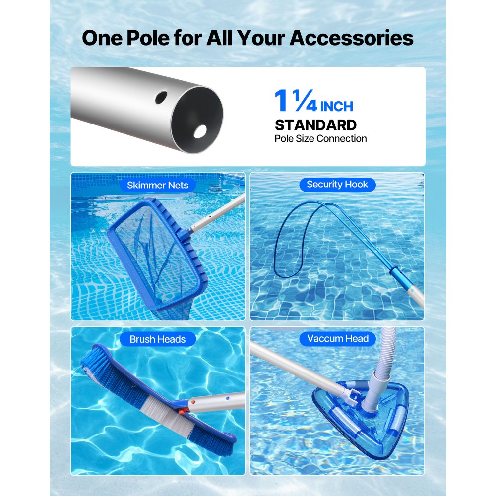 VEVOR Pool Pole, 3.4 to 15 Ft Telescoping Swimming Pool Cleaning Poles, Professional Adjustable Telescopic Pole with 2 Extension Poles, Heavy Duty Cleaner Stick for Skimmer Net, Brush, Vacuum Head