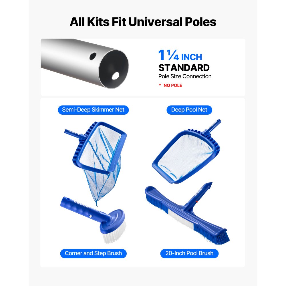 VEVOR Swimming Pool Cleaning Kit, Includes 2 Detachable Brush Heads (20 Inch / 5.5 Inch) and 2 Pool Skimmer Nets, 4-in-1 Inground/Above Ground Pools Cleaning Tools Set for Leaf, Fine Mesh, No Poles