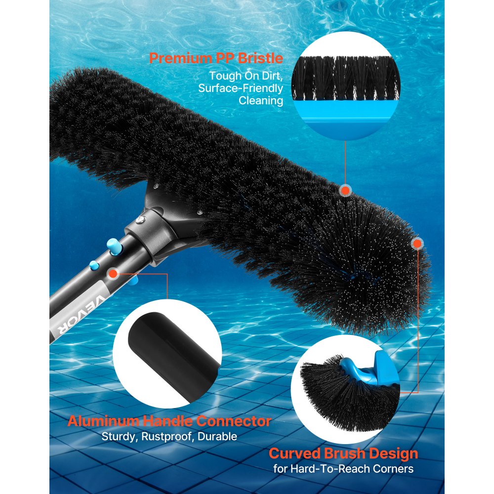 VEVOR Pool Brush Head, 20 Inch Scrub Brushes with Nylon Bristles and Aluminum Pole Connector, Heavy Duty Curved Brush Head for Cleaning Inground/Above Ground Swimming Pool Walls, Pole Not Included