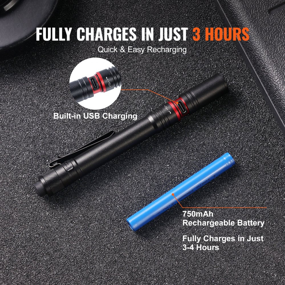 VEVOR 5.9 Inch Rechargeable Penlight, 300 lumens 3 Lighting Modes Pocket Pen Light, Adjustable Focus, IP44 Waterproof, Aluminum Alloy for Camping, Reading, Repairing, Night Walking