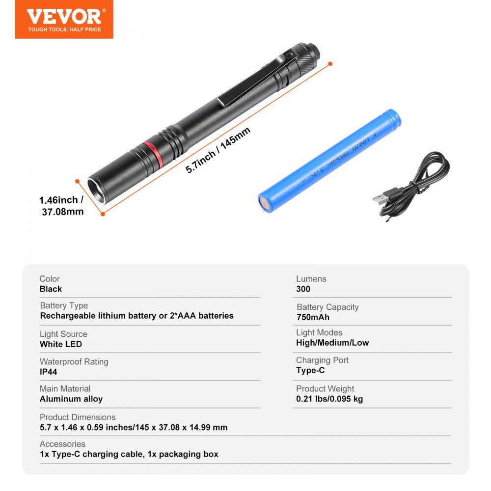 VEVOR 5.9 Inch Rechargeable Penlight, 300 lumens 3 Lighting Modes Pocket Pen Light, Adjustable Focus, IP44 Waterproof, Aluminum Alloy for Camping, Reading, Repairing, Night Walking