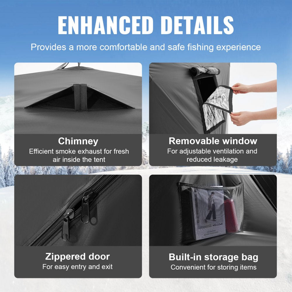 VEVOR Portable Ice Shelter, 6-8 Person Pop-Up Ice Fishing Tent, 70 Square Feet Fishable Area, Ice Shanty for Winter Fishing, Waterproof Oxford Ice Cube with Anchors/Ropes/Carrying Bag, 142"x71" Black