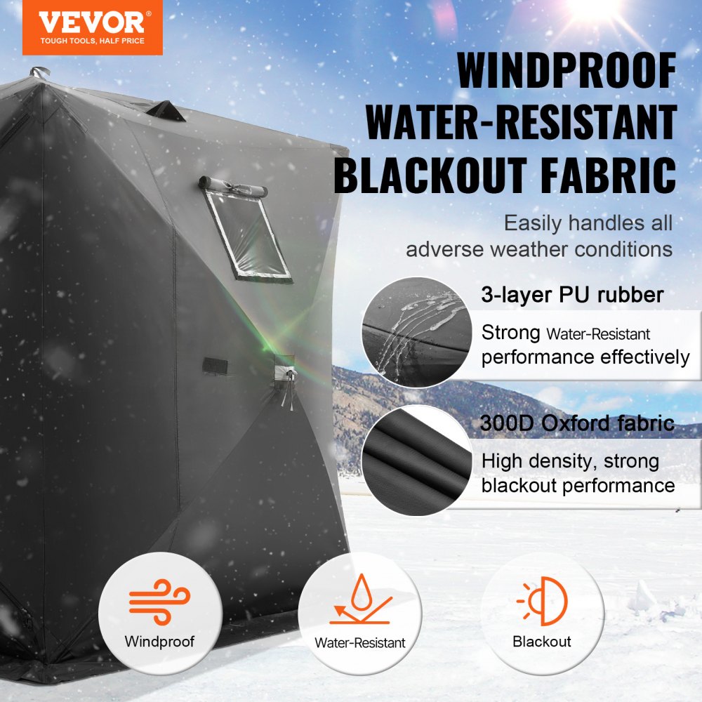 VEVOR Portable Ice Shelter, 3-4 Person Pop-Up Ice Fishing Tent, 35 Square Feet Fishable Area, Ice Shanty for Winter Fishing, Waterproof Oxford Ice Cube with Anchors/Ropes/Carrying Bag, 71"x71", Black
