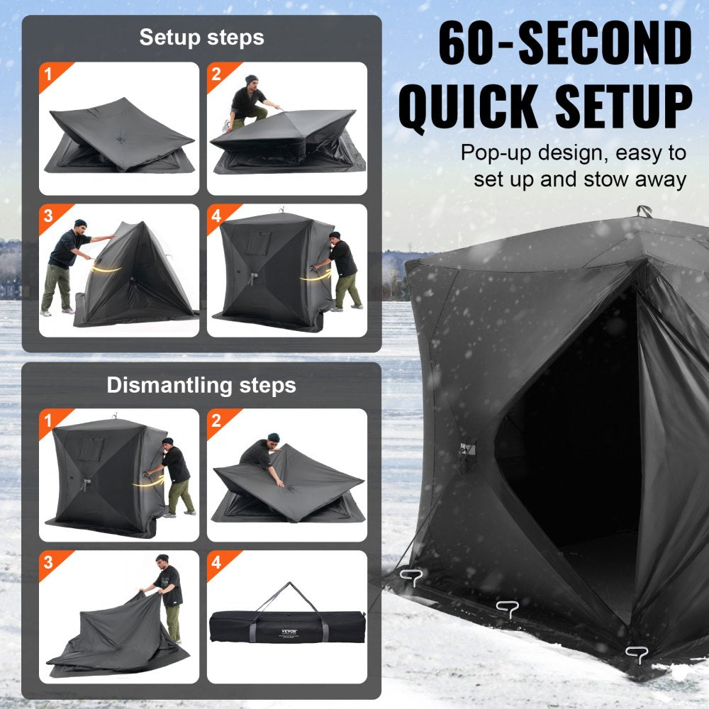 VEVOR Portable Ice Shelter, 3-4 Person Pop-Up Ice Fishing Tent, 35 Square Feet Fishable Area, Ice Shanty for Winter Fishing, Waterproof Oxford Ice Cube with Anchors/Ropes/Carrying Bag, 71"x71", Black