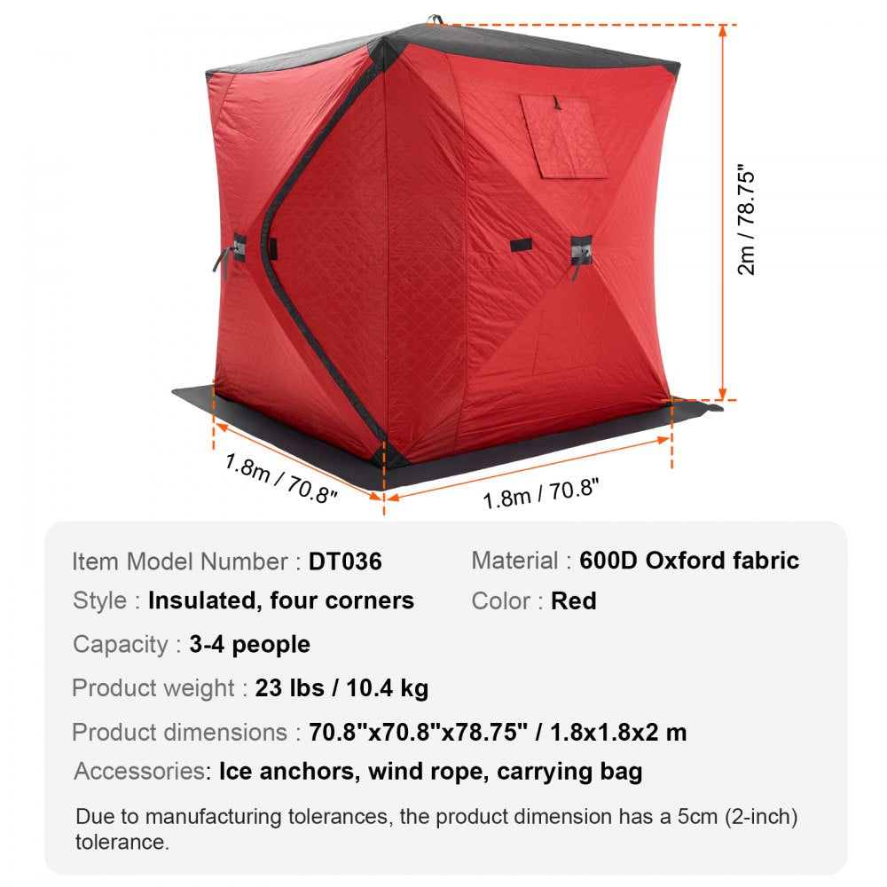 VEVOR Portable Ice Shelter, 3-4 Person Insulated Pop-Up Ice Fishing Tent, 35 Square Feet Fishable Area, Thermal Ice Shanty for Winter Fishing, Ice Cube with Anchors, Ropes, Carrying Bag, 71"x71", Red