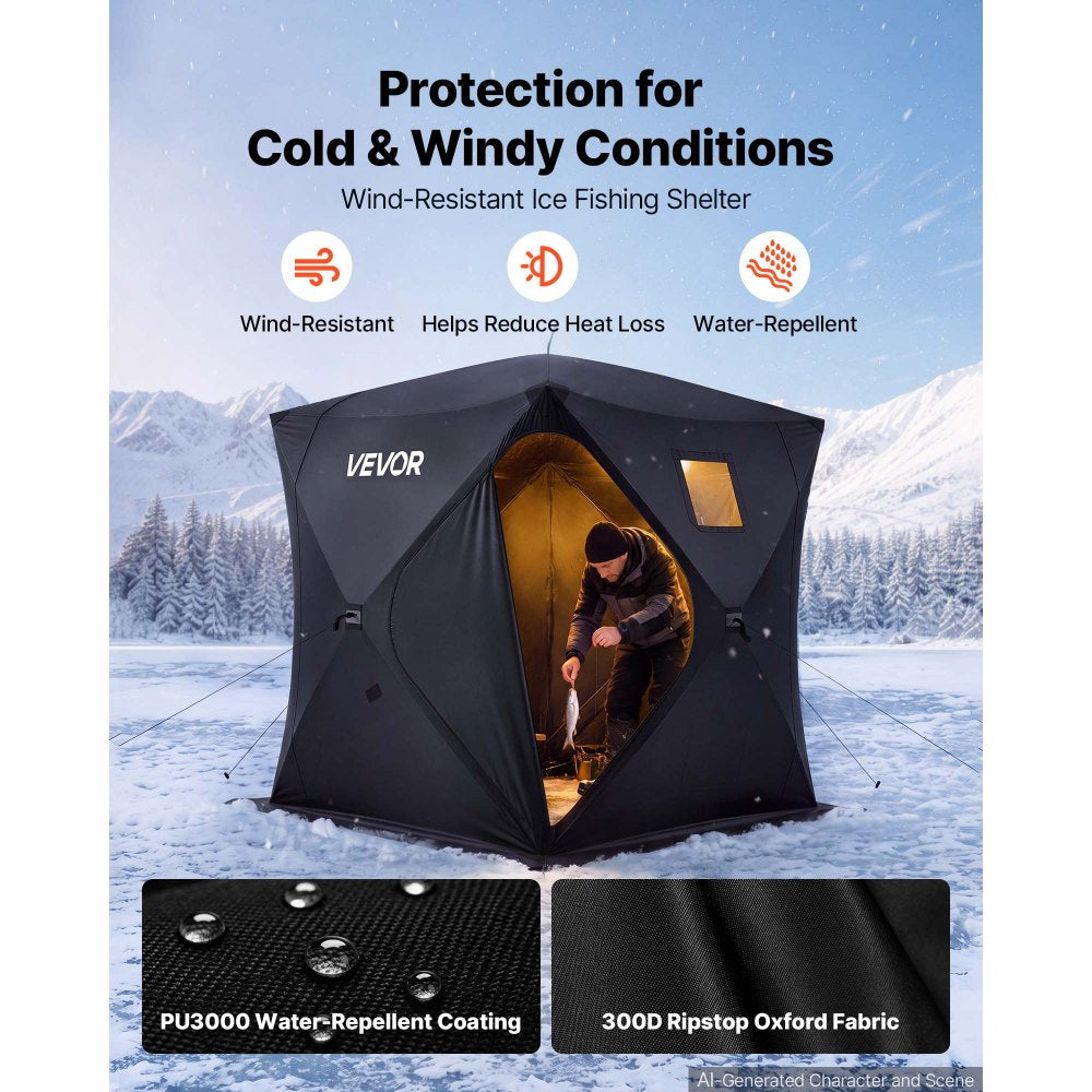 VEVOR Pop Up Ice Fishing Tent 1-2 Person 59 x 59 x 65 in Portable Shelter, for Winter Fishing, 24 sq ft Area, 300D Oxford Fabric Hub-Style Shanty, Ice Cube with Anchors, Ropes, Carrying Bag, Black