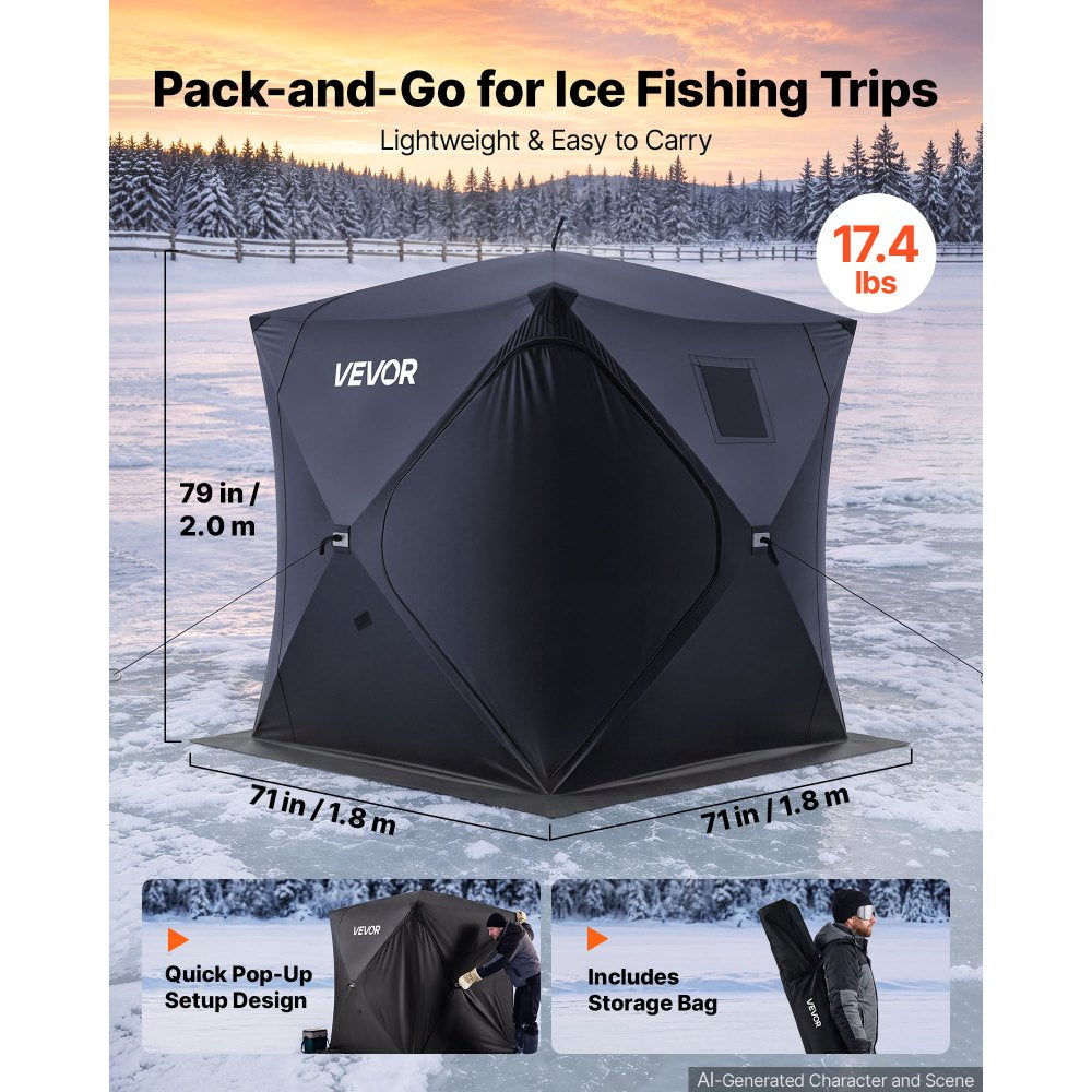 VEVOR Pop Up Ice Fishing Tent 3-4 Person 71 x 71 x 79 in Portable Shelter, for Winter Fishing, 34 sq ft Area, 300D Oxford Fabric Hub-Style Shanty, Ice Cube with Anchors, Ropes, Carrying Bag, Black
