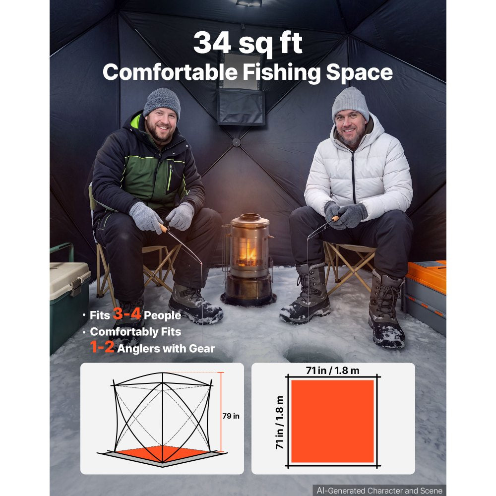 VEVOR Pop Up Ice Fishing Tent 3-4 Person 71 x 71 x 79 in Portable Shelter, for Winter Fishing, 34 sq ft Area, 300D Oxford Fabric Hub-Style Shanty, Ice Cube with Anchors, Ropes, Carrying Bag, Black