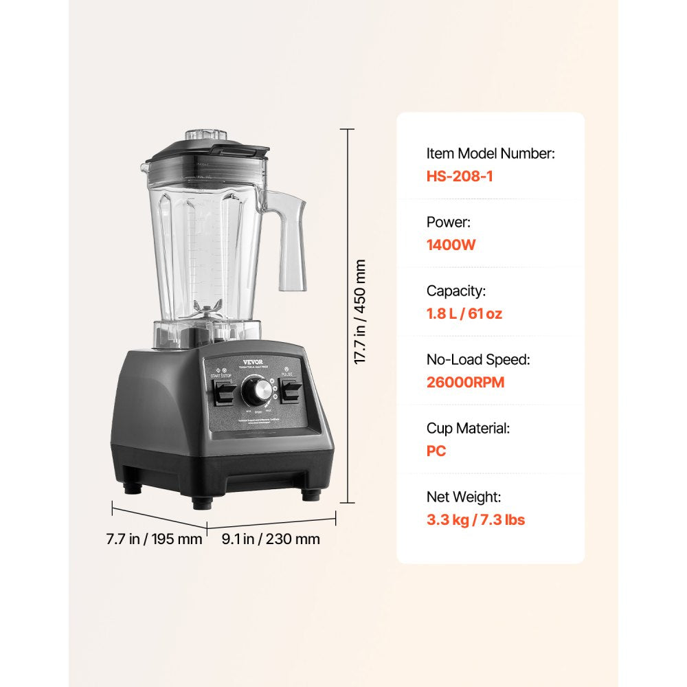 VEVOR Blender for Smoothies, 61 oz 1400W, Professional Blender with Powerful Motor, Multi-Functional Food Processing Blender with 2 Cups for Smoothie/Milkshake/Juice, Fits for Kitchen